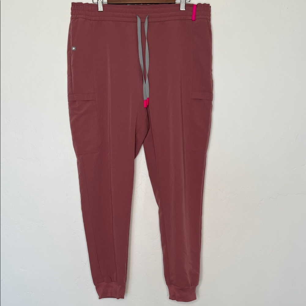Figs Women's Joggers in Dusty Rose with Gray Drawstring and Pink Accent